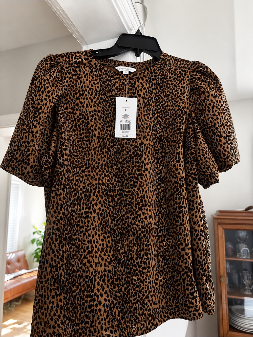 crown & ivy Brown and Black Leopard Puff Sleeve Blouse